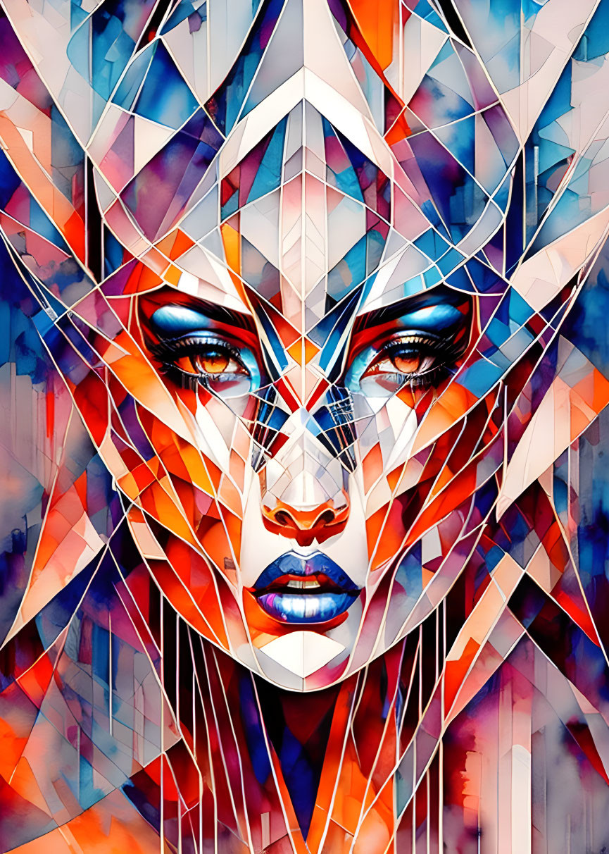 Colorful Geometric Portrait of Woman with Striking Eyes in Abstract Mosaic