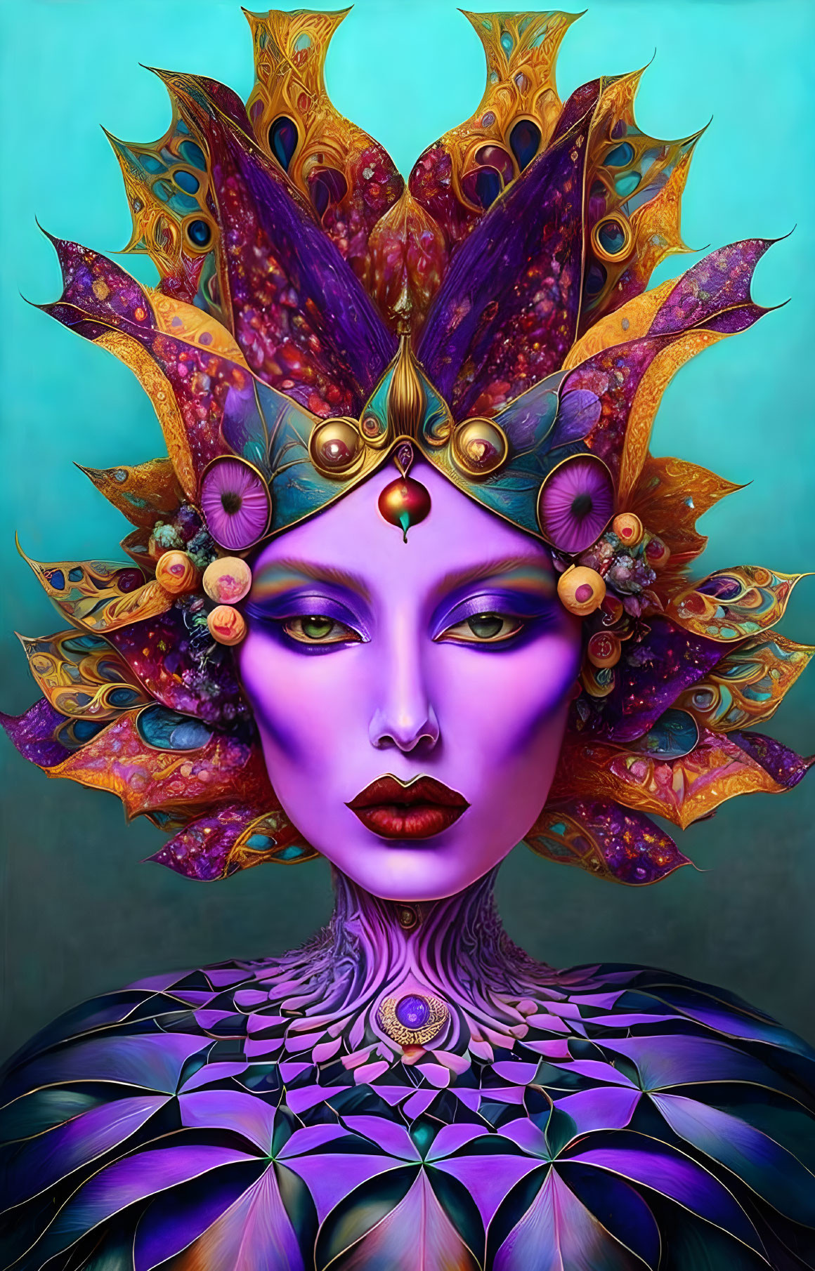 Colorful digital artwork: Female figure with purple skin and intricate flower headdress