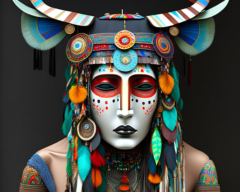 Elaborate tribal-inspired costume with feathers, horns, face paint, and jewelry