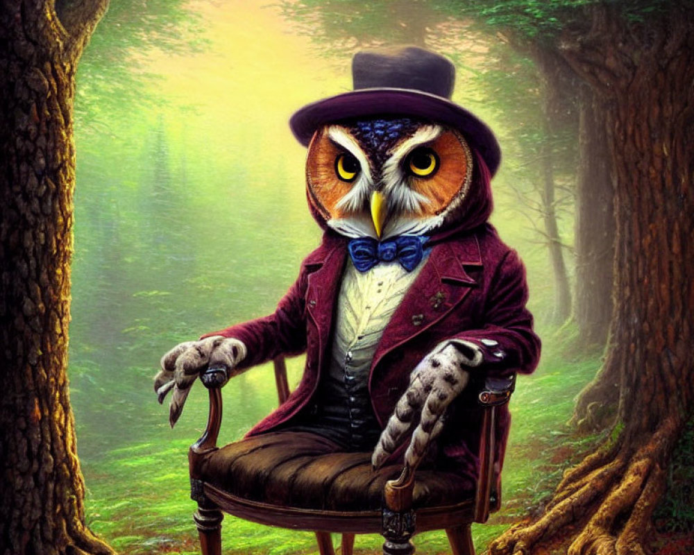 Elegant anthropomorphic owl in formal attire in magical forest