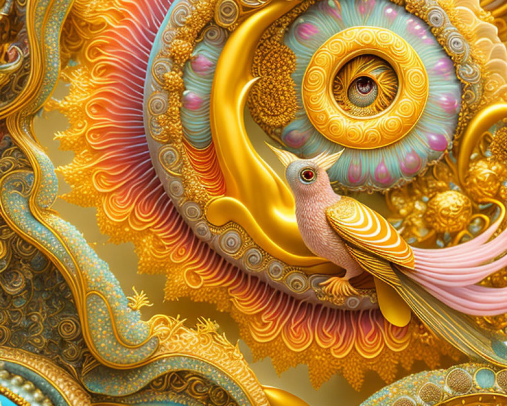 Colorful digital artwork of ornate bird with swirling patterns in gold, orange, and blue