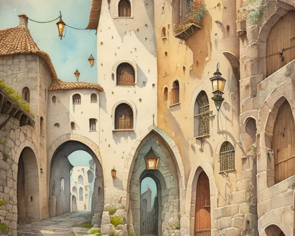 Whimsical cobblestone street illustration with sunlit stone buildings