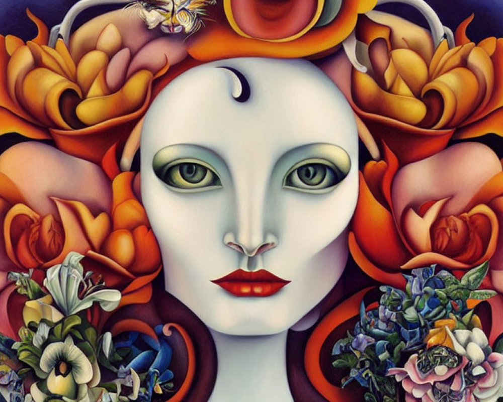 Vibrant surreal portrait with large eyes and colorful flowers