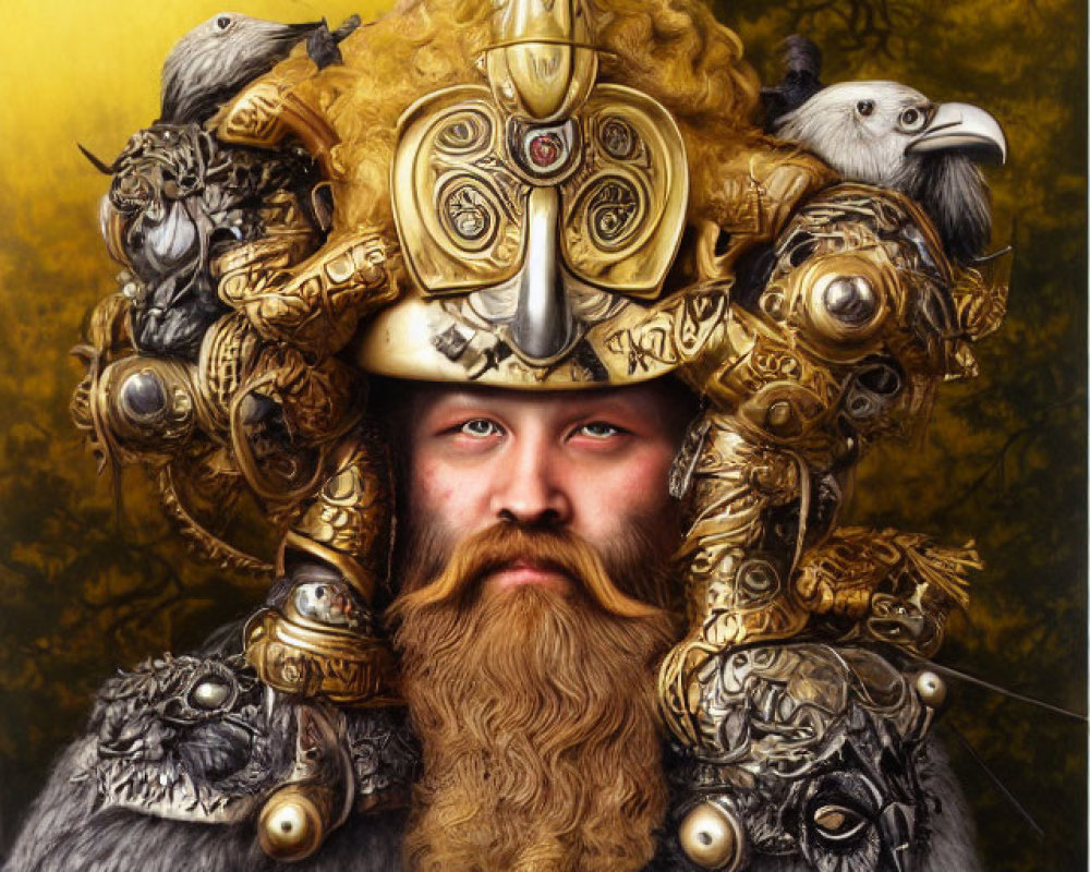 Bearded man in ornate golden helmet with animal-themed armor on golden background