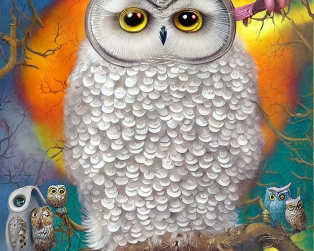 Colorful Whimsical Owl Painting with Yellow Eyes on Branch