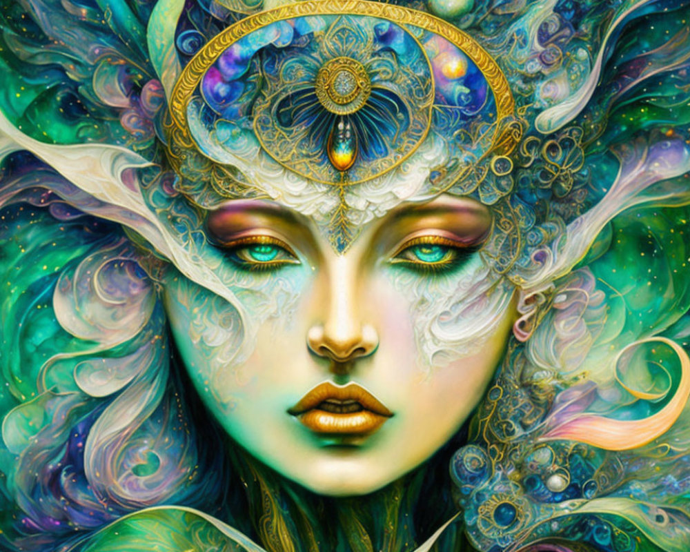 Vibrant digital artwork of mystical female figure with cosmic and floral patterns