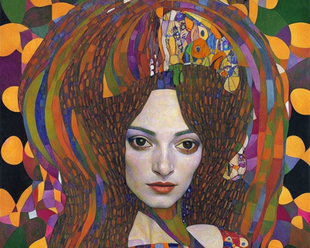 Vibrant painting of woman with ornate aura, floral hair, and mosaic backdrop