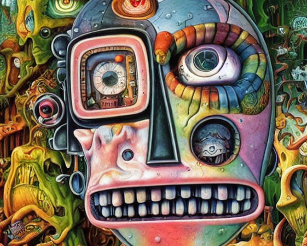 Vibrant surreal painting of robotic face with diverse textures and organic elements