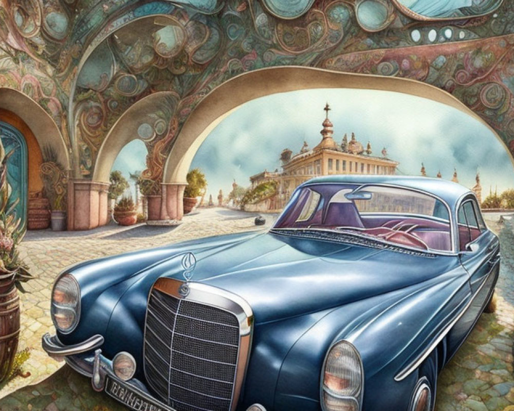 Vibrant artwork of vintage cars on ornate street