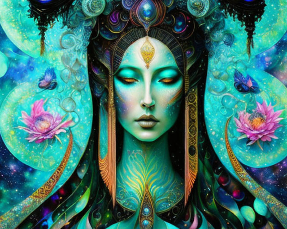 Colorful psychedelic art: Woman with blue skin and ornate headpieces