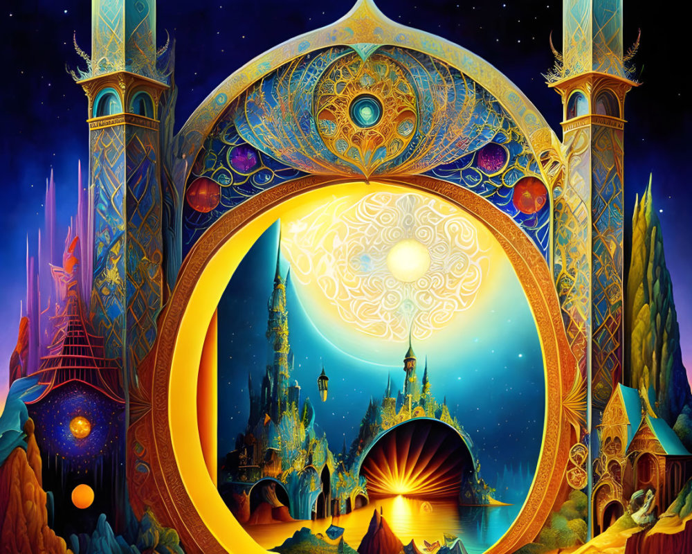 Fantasy image of ornate gate to magical kingdom with celestial towers and vivid colors