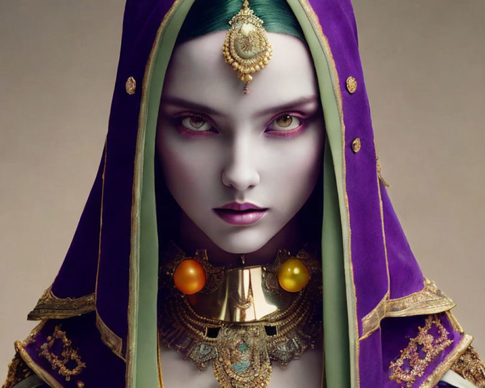 Character portrait: Green-haired figure in purple cloak with intricate jewelry