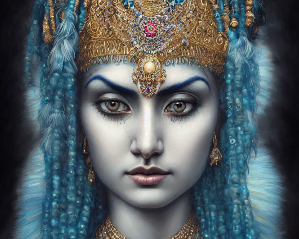 Portrait of woman with blue hair and ornate golden headpiece