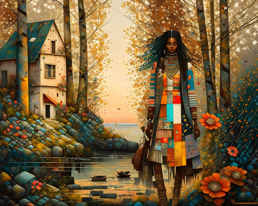 Vibrant patchwork clothing woman in whimsical autumnal landscape