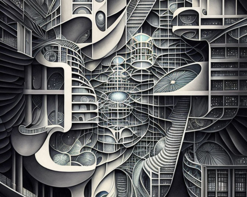 Monochrome Escheresque illustration of intricate staircases and geometric shapes in a surreal, maze-like