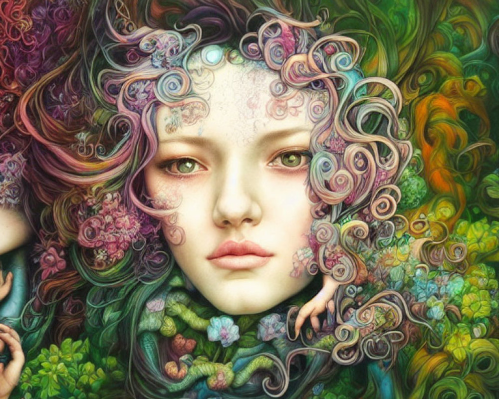 Detailed painting of woman with colorful, curly hair in botanical setting