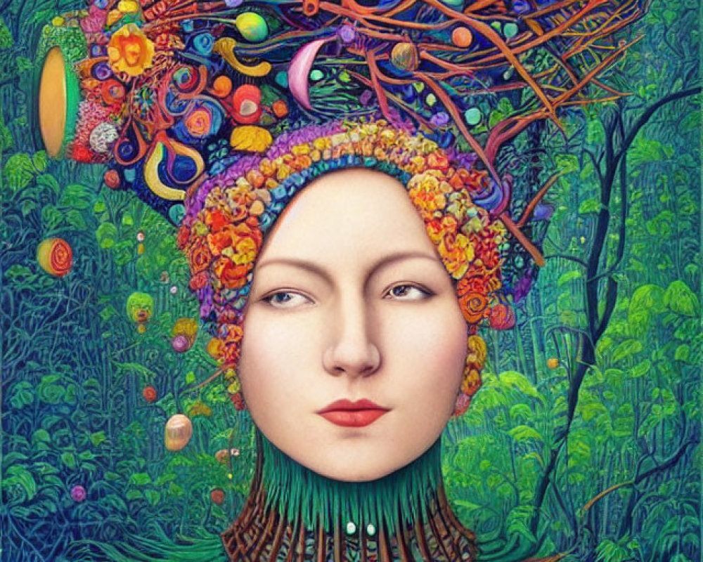 Vibrant illustration of a woman with intricate floral headdress