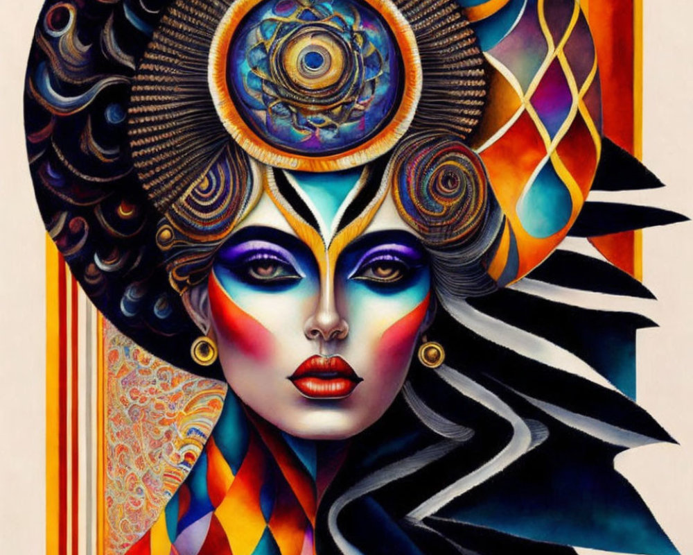 Vibrant portrait of a stylized woman with geometric patterns and elaborate headpiece.