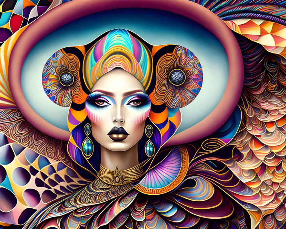 Colorful Psychedelic Portrait of a Stylized Woman with Elaborate Headgear