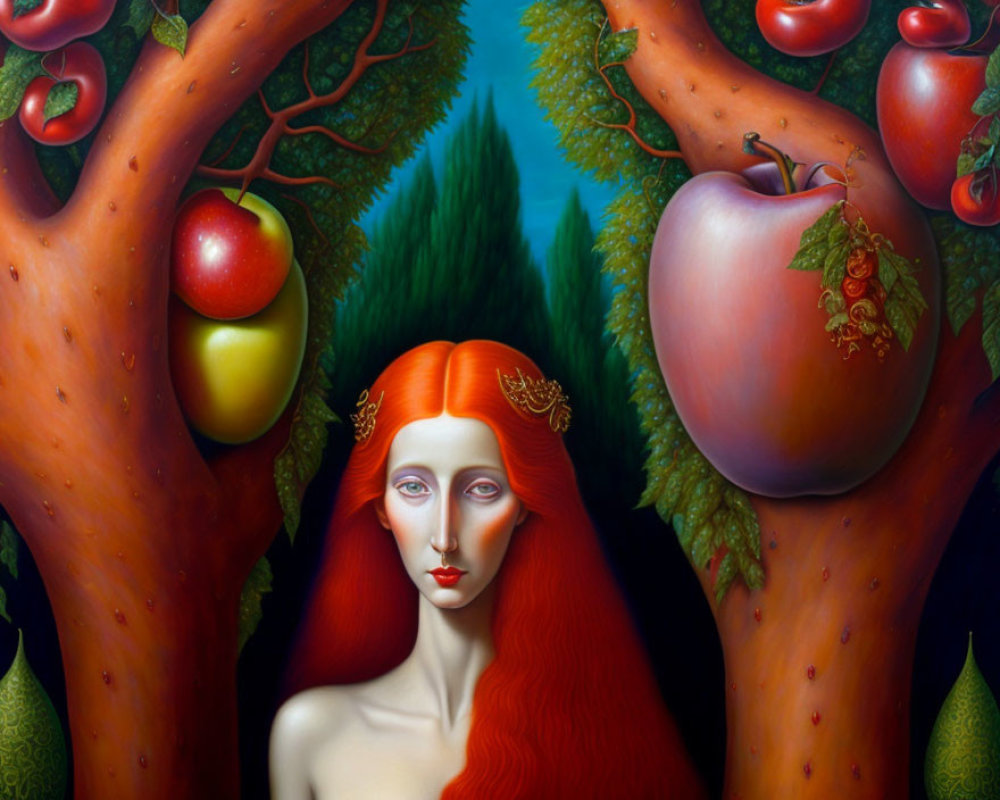 Surreal portrait of woman with red hair in apple tree setting