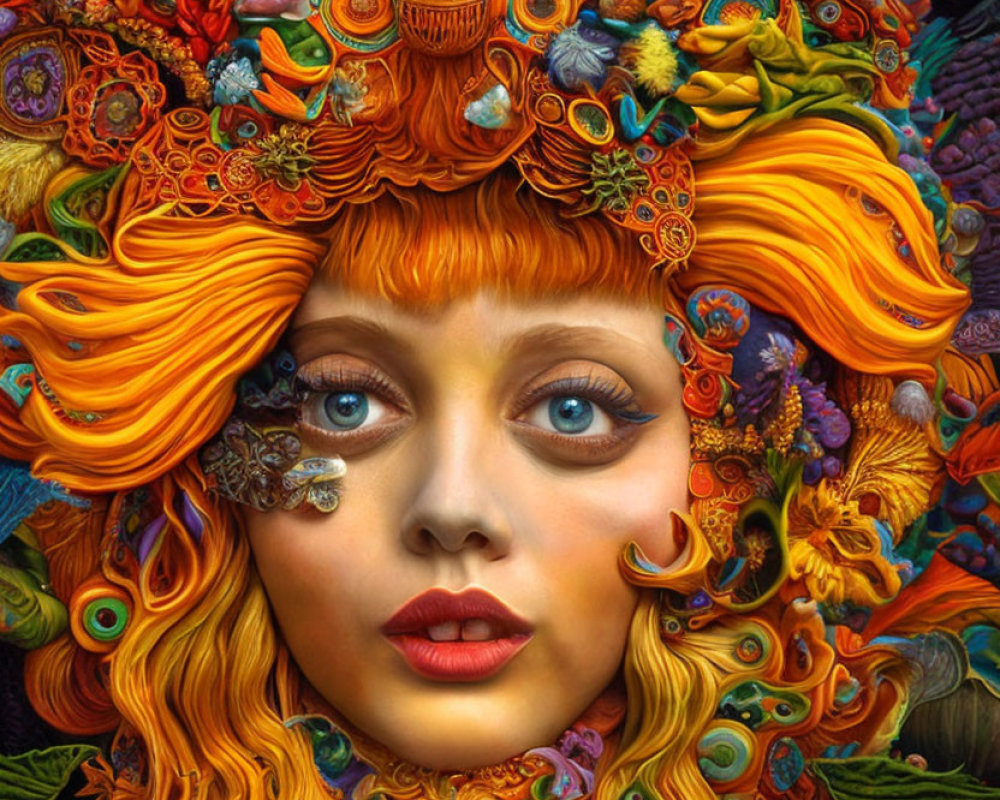 Vibrant orange hair and floral headdress portrait with blue eyes