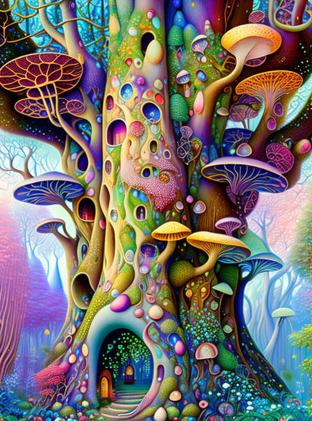 Fantasy tree with doorway, mushrooms, and magical orbs in enchanted forest