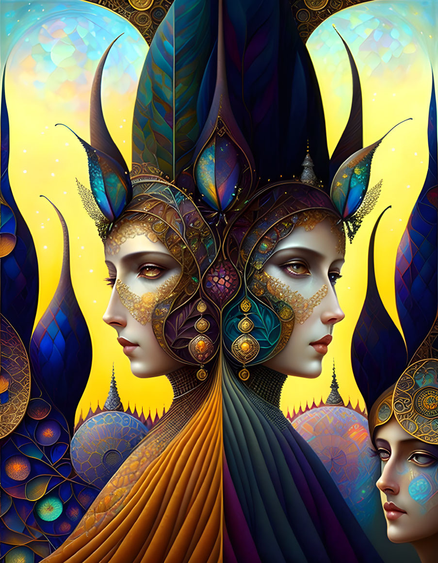 Symmetrical faces with ornate headdresses on yellow background