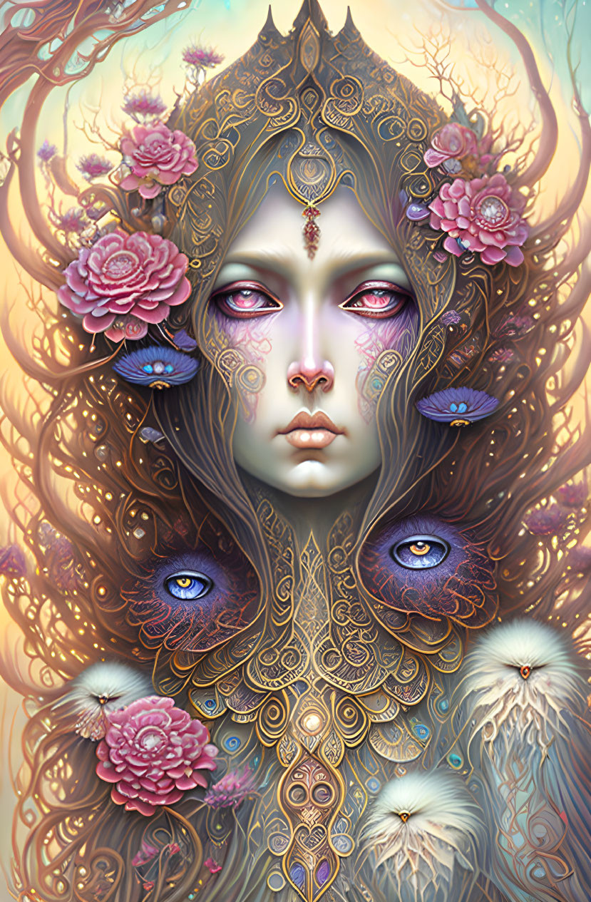 Ethereal portrait featuring golden patterns, pink flowers, and peacock feathers