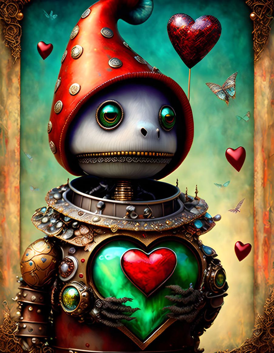 Whimsical robot with red mushroom cap in enchanted setting