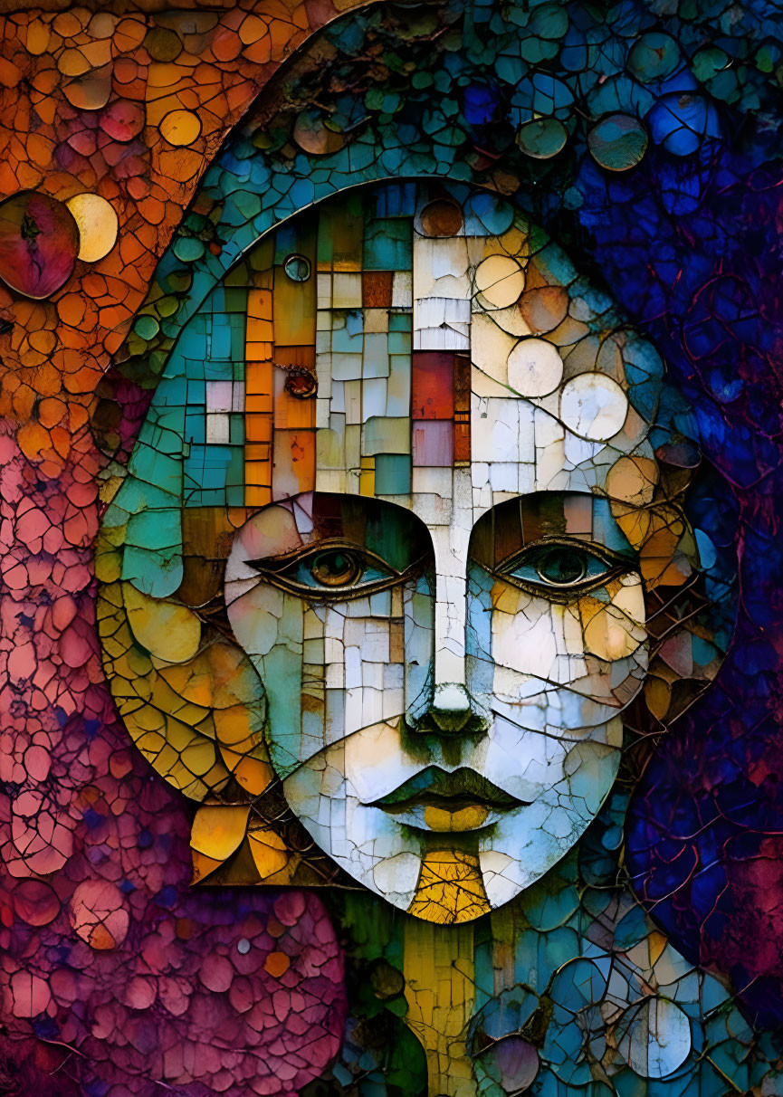 Symmetrical face mosaic artwork in blue, orange, and purple