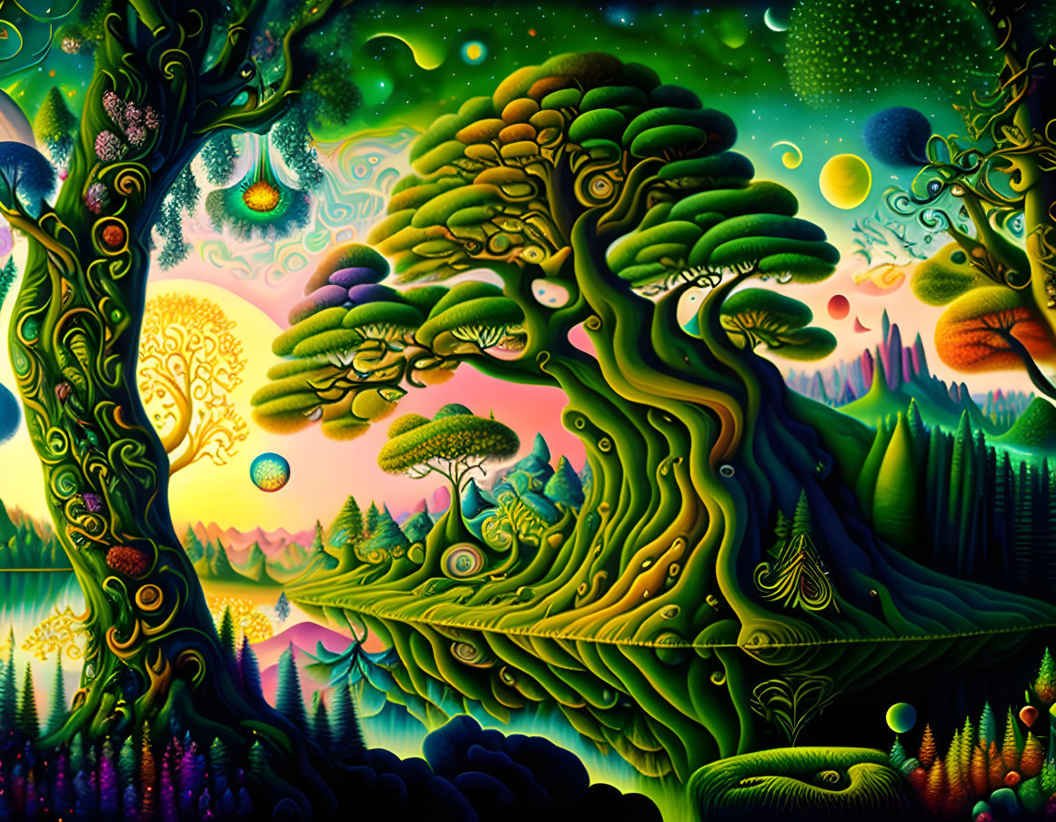 Colorful Surrealist Landscape with Stylized Trees & Celestial Elements