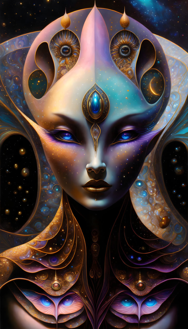 Purple-skinned cosmic being with celestial eyes and peacock motif