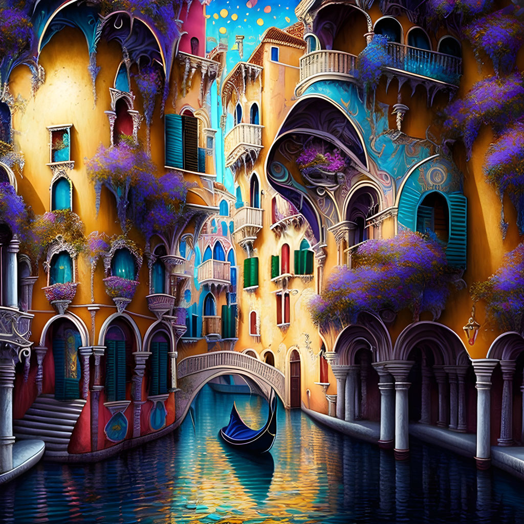 Colorful Venetian canal with whimsical architecture and wisteria trees