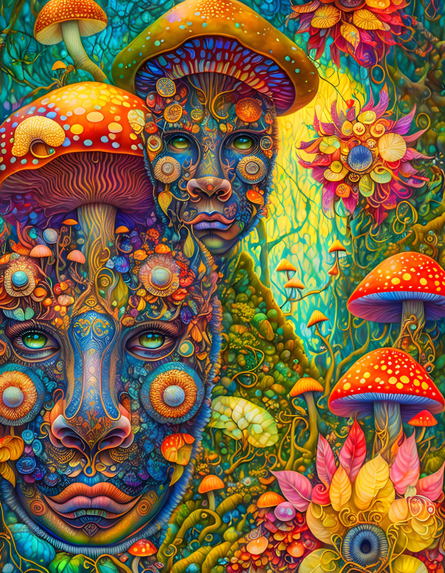 Colorful psychedelic art: Intertwined faces, floral, and mushroom motifs