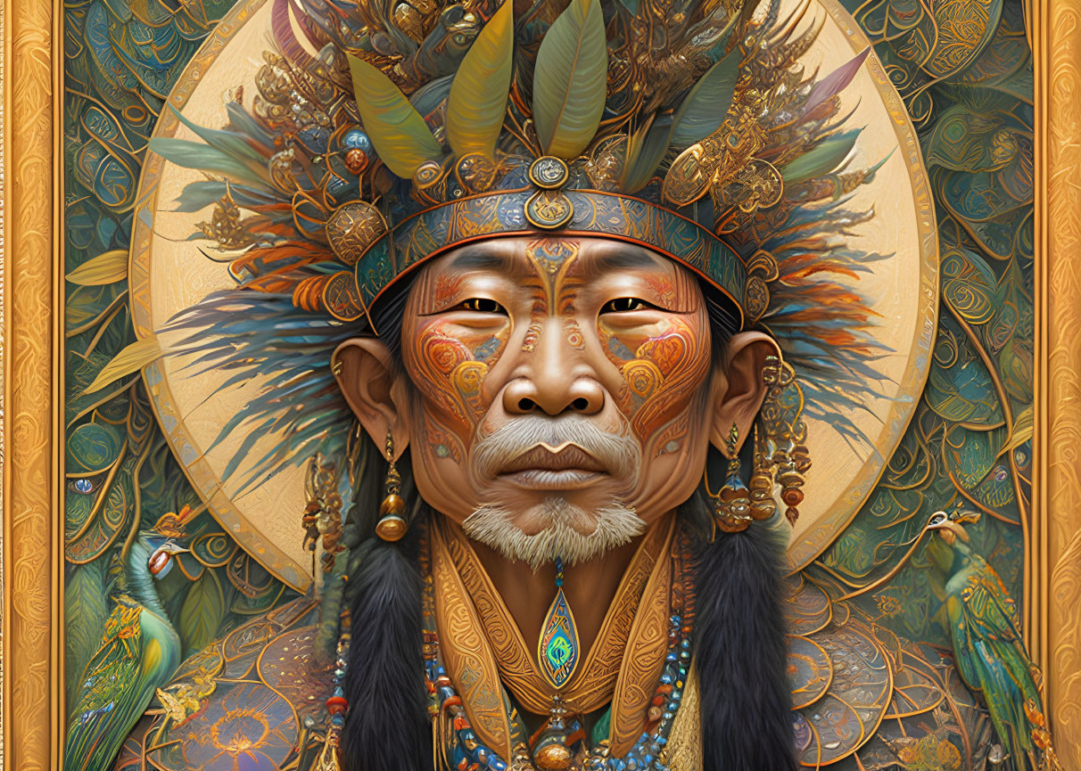 Detailed illustration of regal man with ornate headdress and jewelry in golden frame