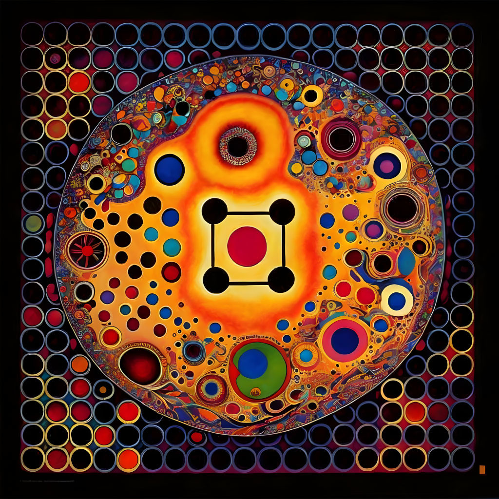 Colorful Abstract Painting with Circular Motif on Dark Background