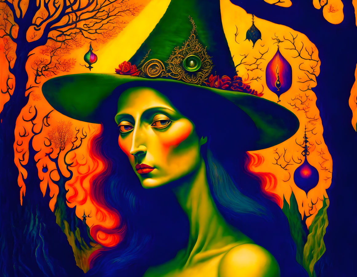 Colorful painting of woman in witch's hat in mystical forest scene