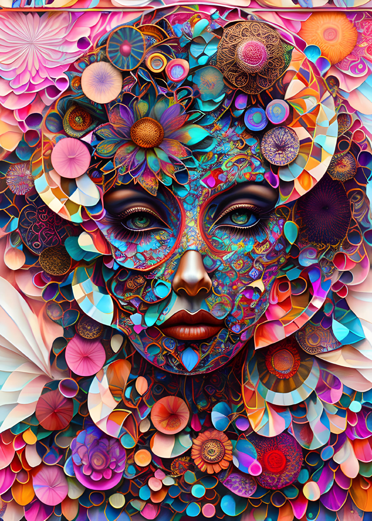 Colorful floral and geometric patterns on woman's face in digital art