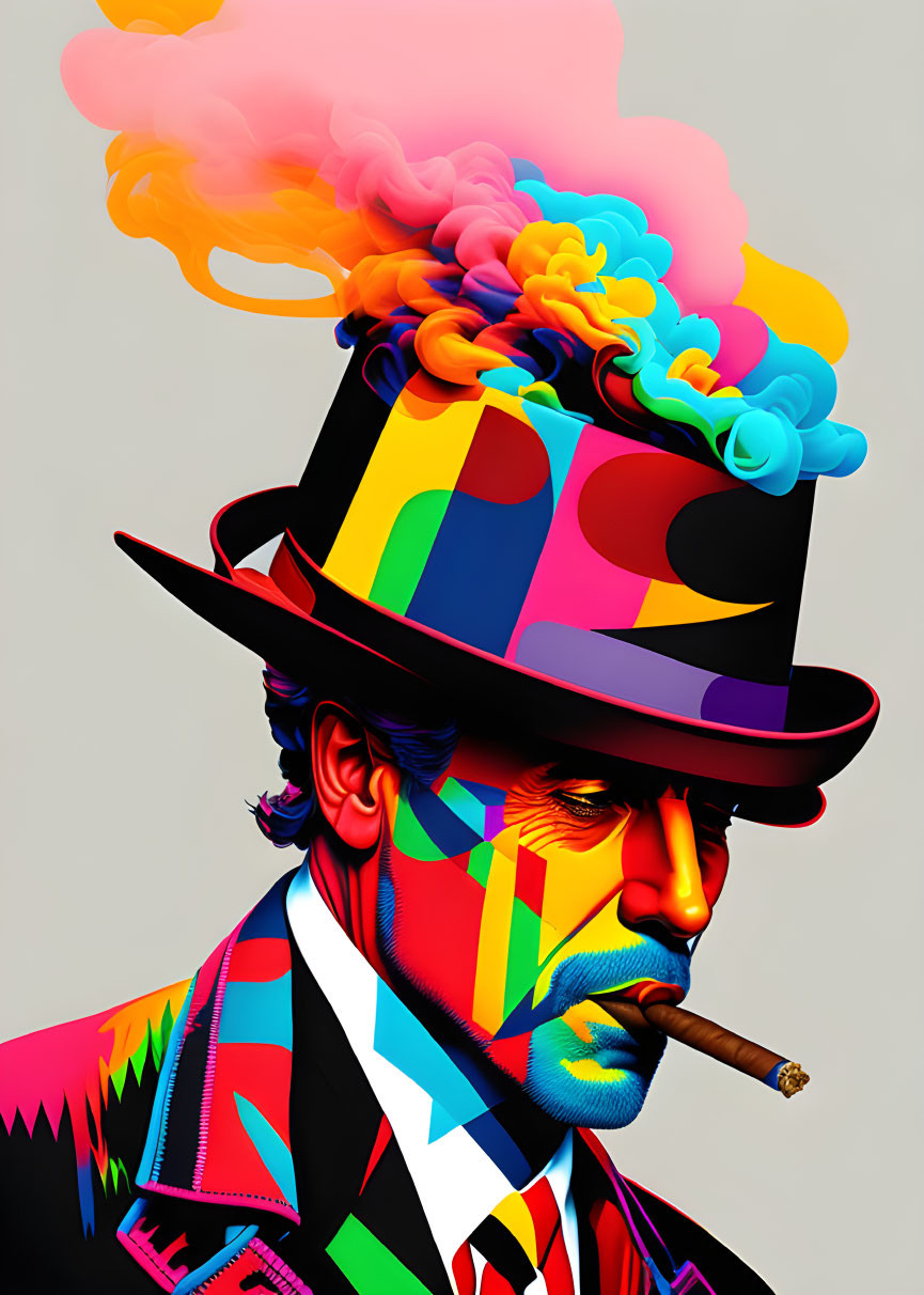 Vibrant digital art: man in patterned suit with cigar smoke swirls