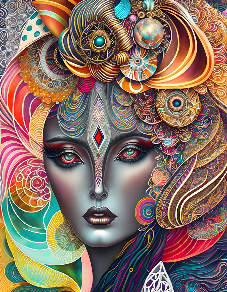 Vibrant surreal psychedelic art: Woman's face with intricate patterns.