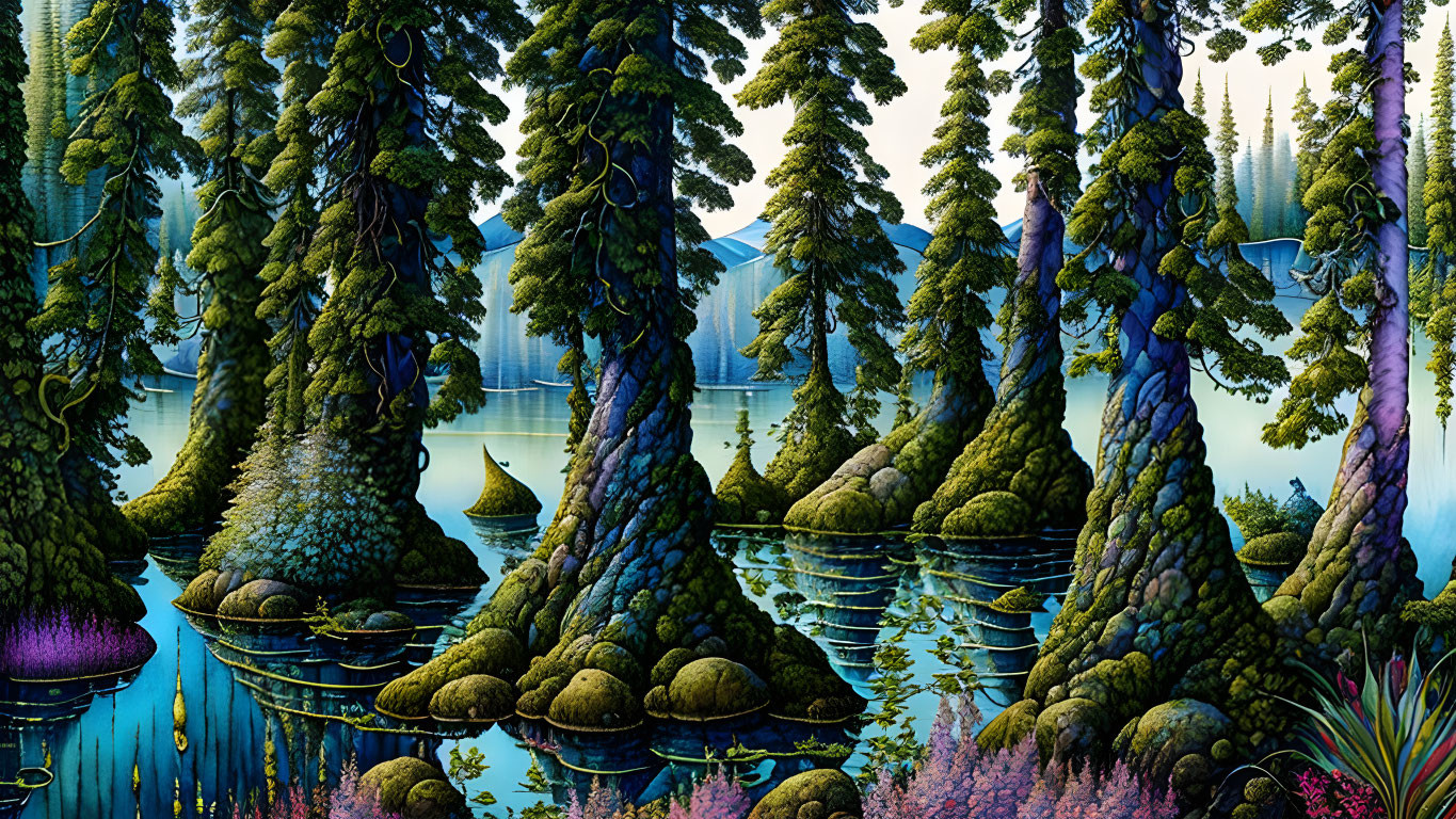 Surreal landscape: dense mossy forest, blue lake, rich greens and blues