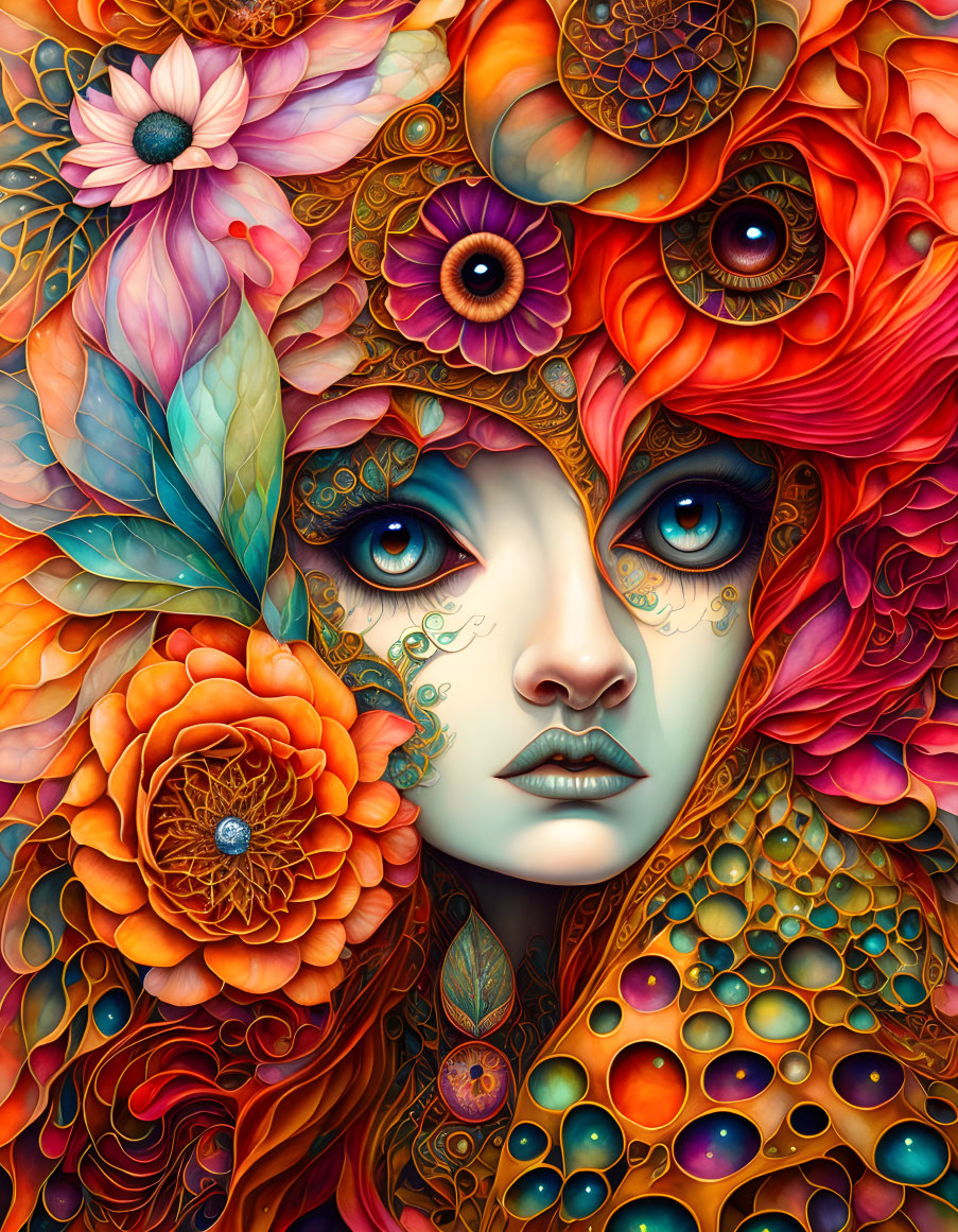 Colorful Woman's Face Surrounded by Intricate Flowers and Patterns