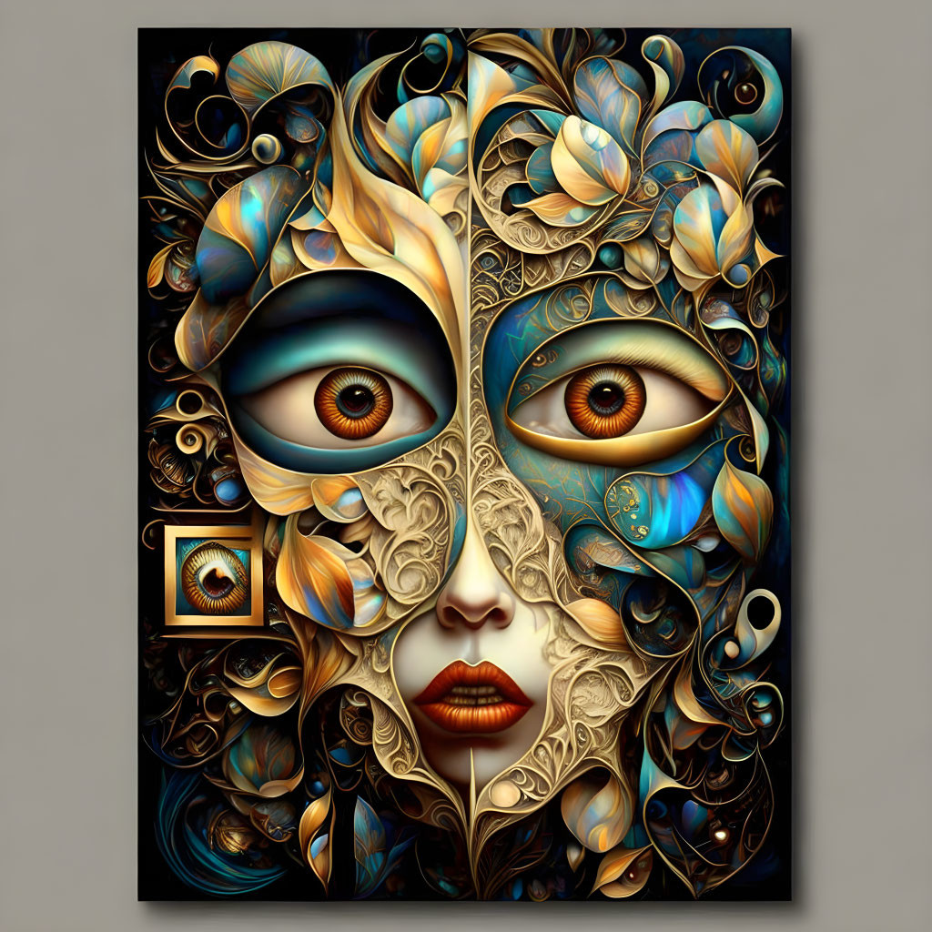 Symmetrical abstract artwork with ornate floral patterns and incorporated eyes.