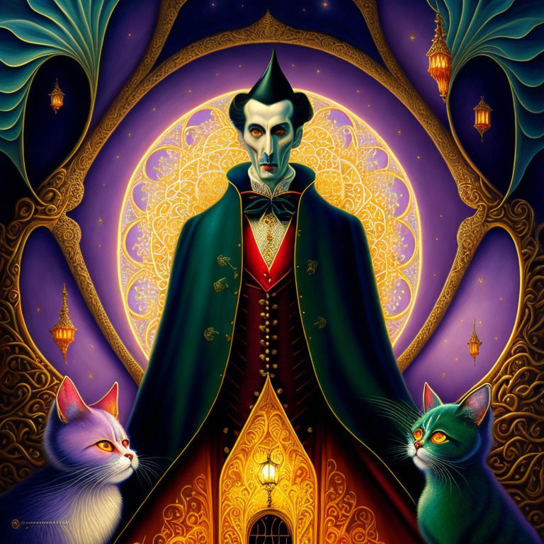 Illustrated vampire with cats under mystical night sky and gothic backdrop