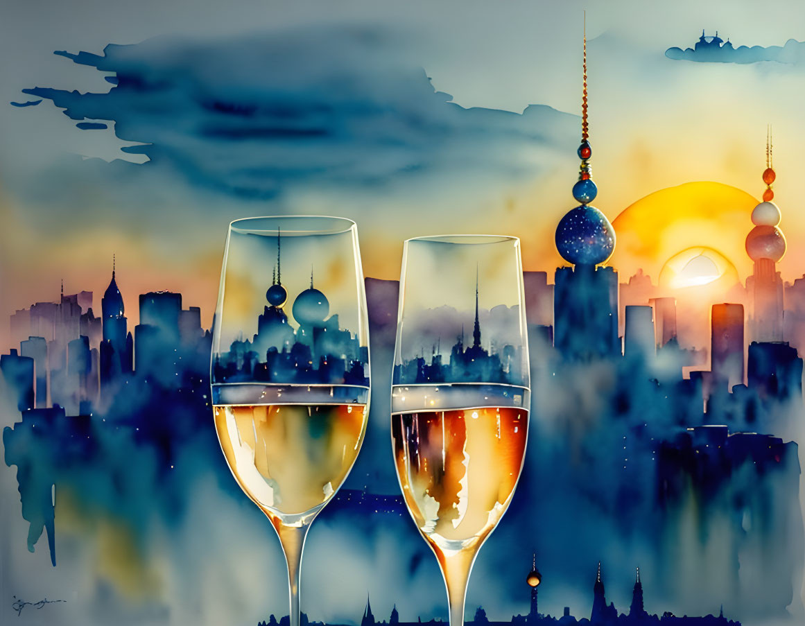 Colorful cityscape and sunset reflected in wine glasses.