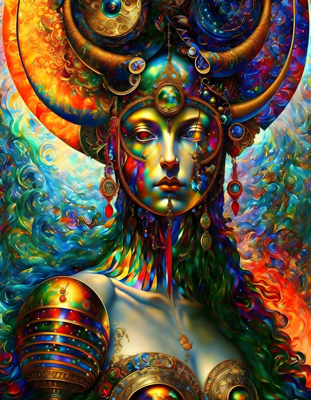 Colorful digital artwork of a figure with ornate headgear in gold and gemstones.