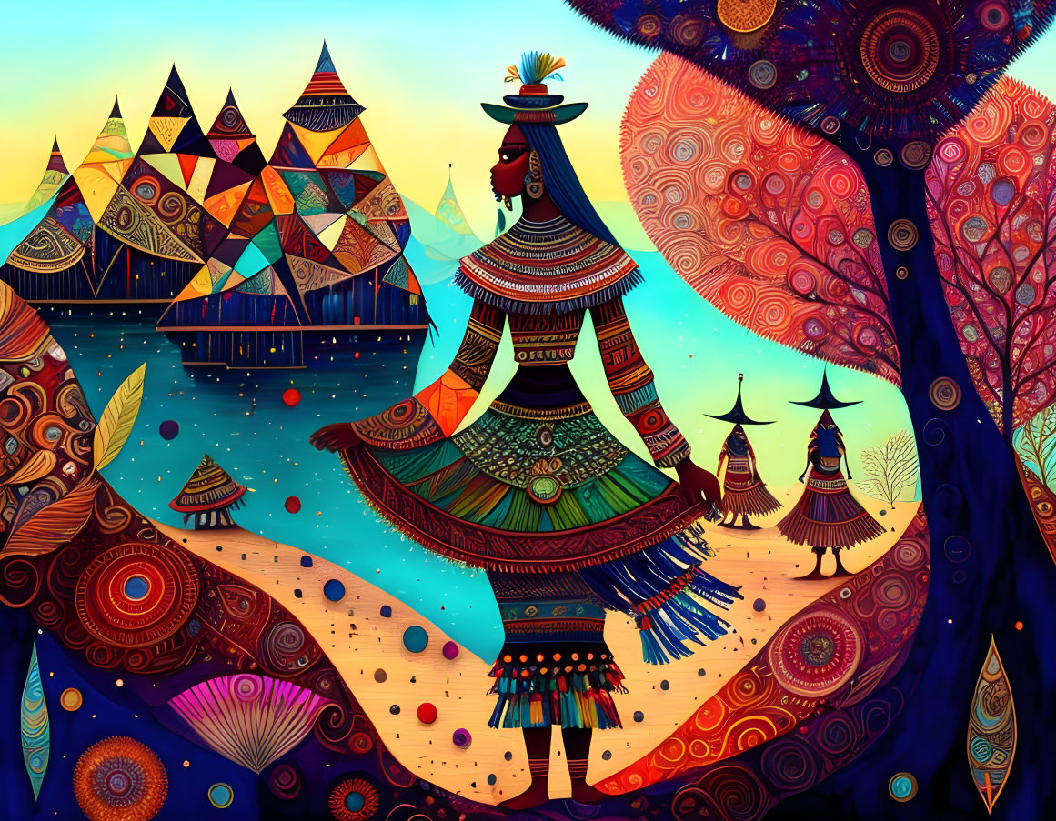 Colorful African landscape illustration with geometric trees and huts.