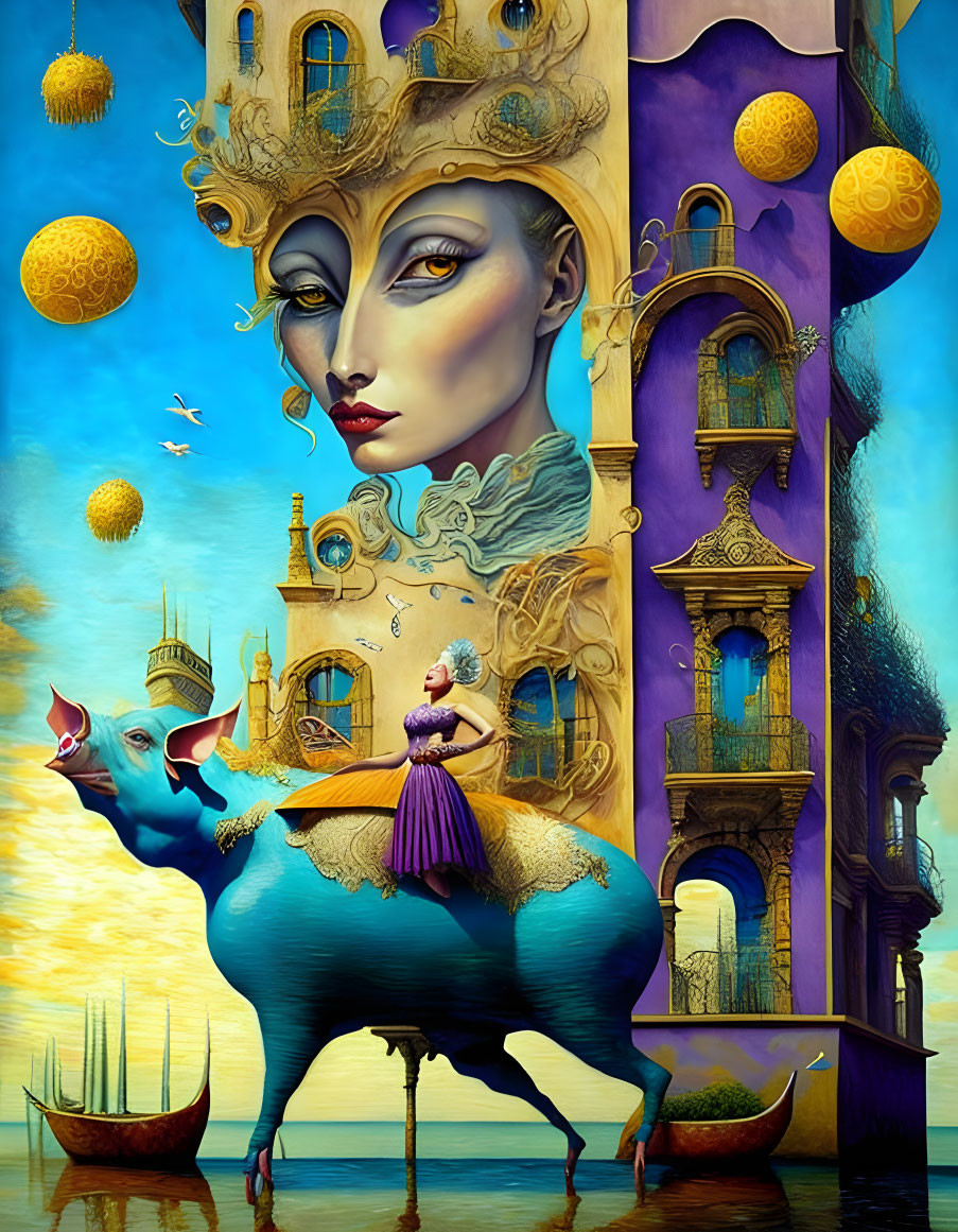 Surreal Artwork: Woman with Architectural Head, Floating Spheres, Bull with Buildings,