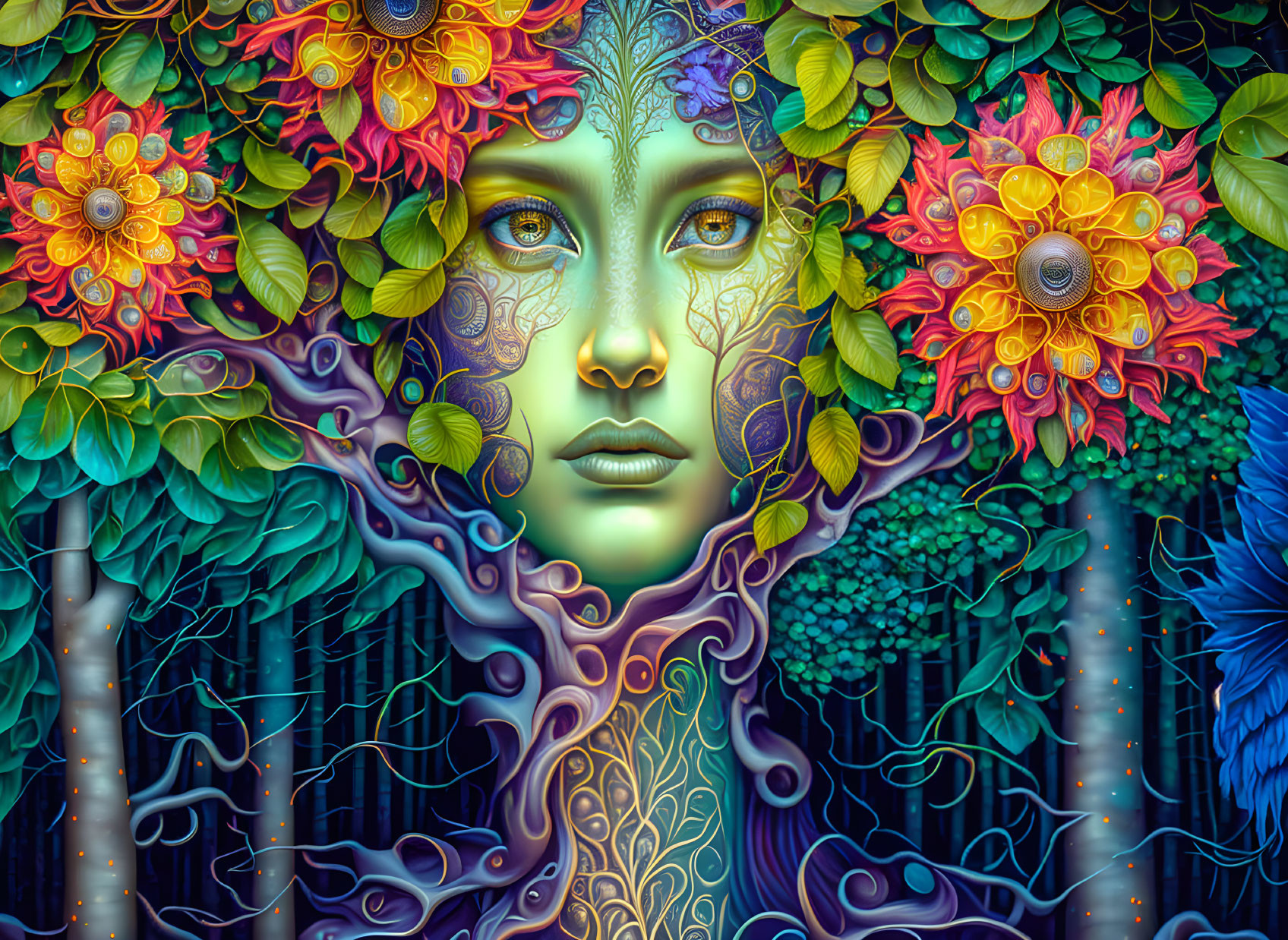 Colorful nature-inspired face artwork with floral patterns and tree elements