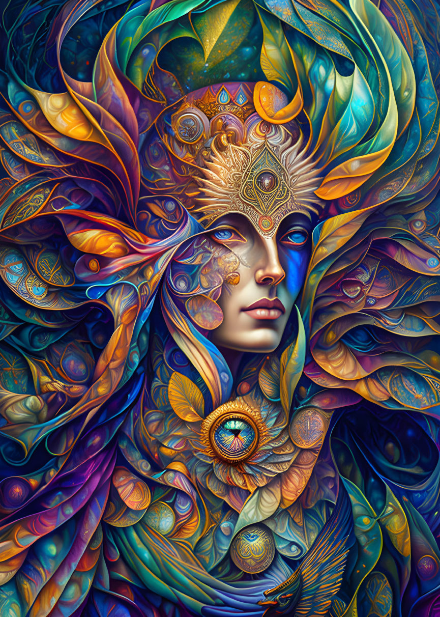 Vividly colored digital artwork of mystical woman with ornate patterns